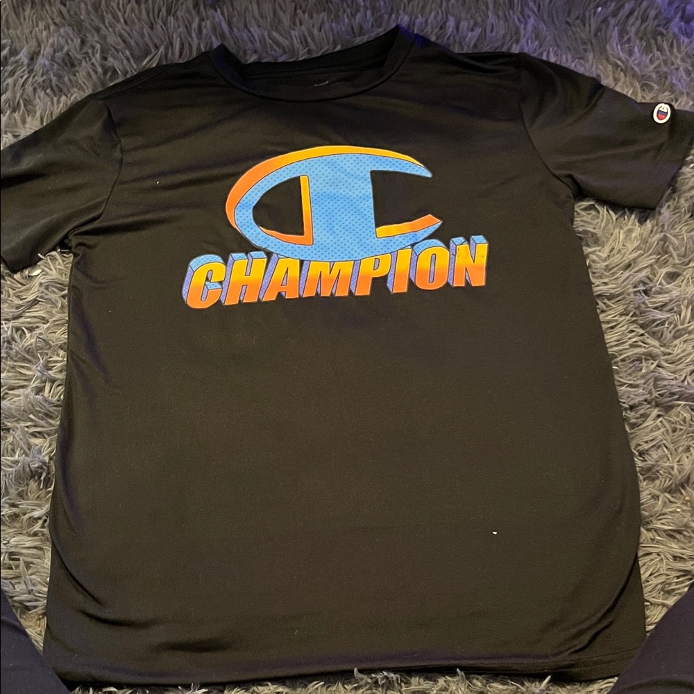Champion Black Tee with Blue and Orange Logo